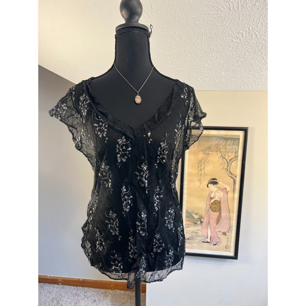 Perfect Fit Mesh Lace Trim Babydoll Y2K Black Metallic Short Sleeve VNeck Witchy